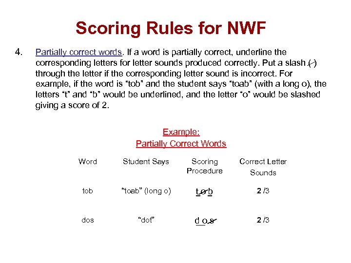 Scoring Rules for NWF 4. Partially correct words. If a word is partially correct,