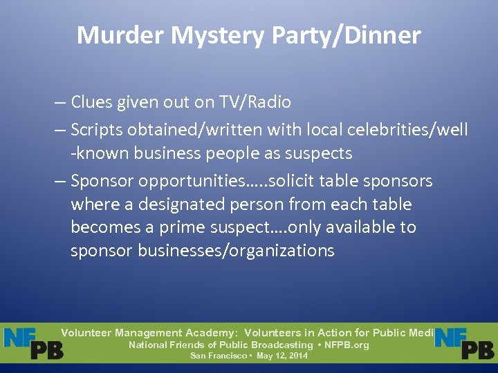 Murder Mystery Party/Dinner – Clues given out on TV/Radio – Scripts obtained/written with local