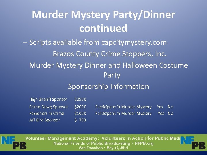 Murder Mystery Party/Dinner continued – Scripts available from capcitymystery. com Brazos County Crime Stoppers,