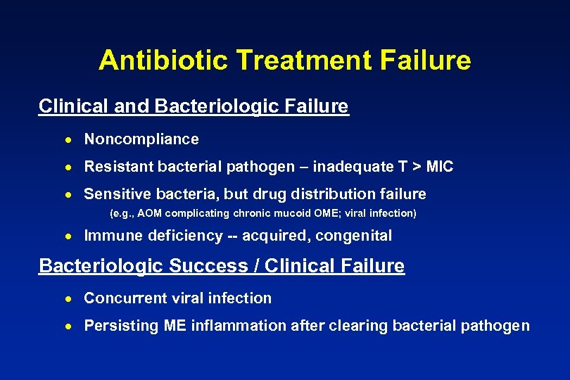 Antibiotic Treatment Failure Clinical and Bacteriologic Failure · Noncompliance · Resistant bacterial pathogen –