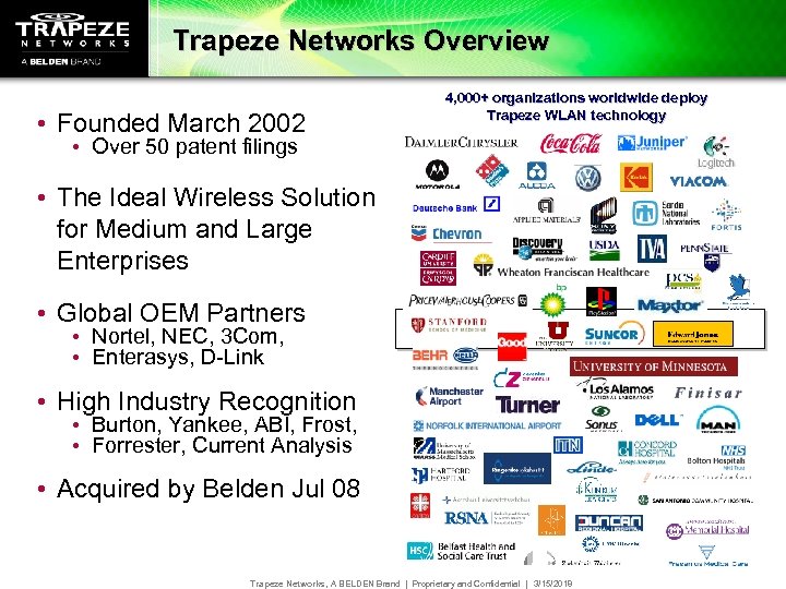 Trapeze Networks Overview • Founded March 2002 4, 000+ organizations worldwide deploy Trapeze WLAN