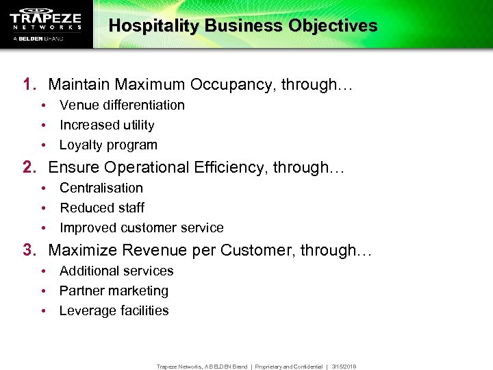 Hospitality Business Objectives 1. Maintain Maximum Occupancy, through… • Venue differentiation • Increased utility