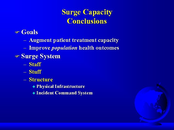 Surge Capacity Conclusions F Goals – Augment patient treatment capacity – Improve population health