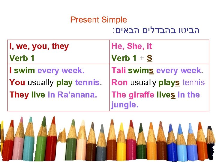 Present Simple : הביטו בהבדלים הבאים I, we, you, they Verb 1 I swim