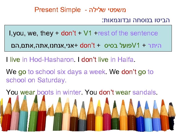 Present Simple - משפטי שלילה : הביטו בנוסחה ובדוגמאות I, you, we, they +