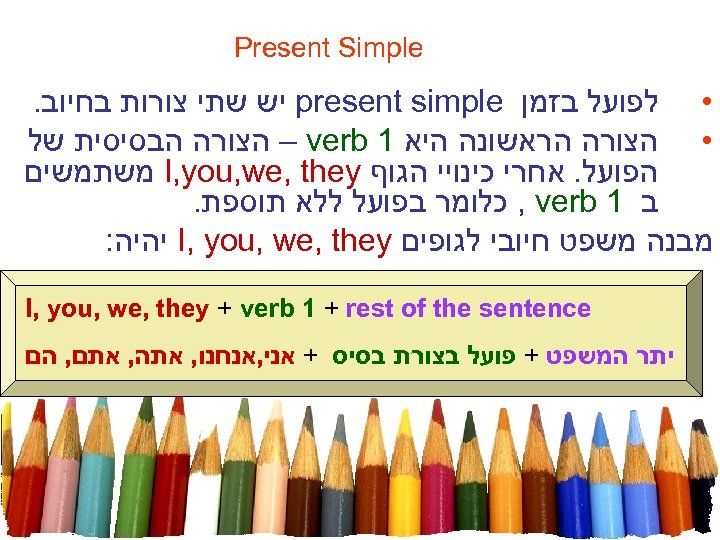 Present Simple • לפועל בזמן present simple יש שתי צורות בחיוב. • הצורה