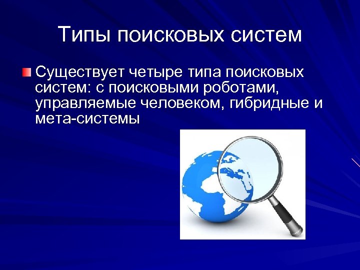 Типы поисковых систем Существует четыре типа поисковых систем: с поисковыми роботами, управляемые человеком, гибридные
