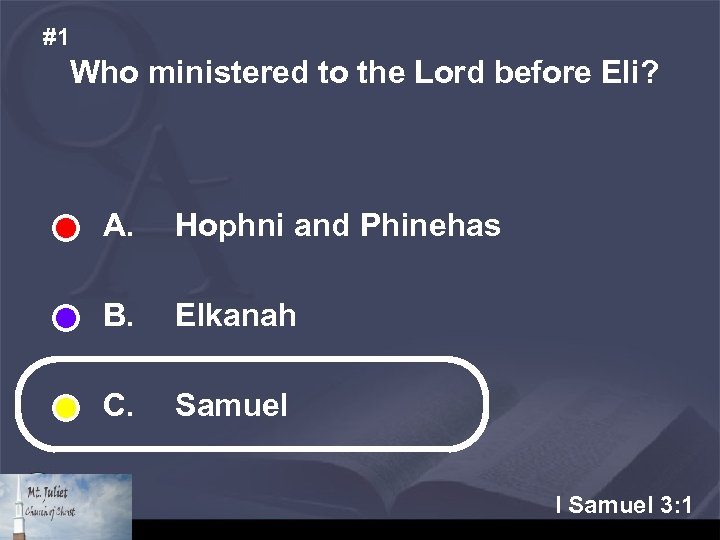#1 Who ministered to the Lord before Eli? A. Hophni and Phinehas B. Elkanah