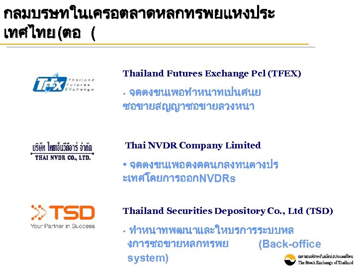 กลมบรษทในเครอตลาดหลกทรพยแหงประ เทศไทย (ตอ ( Thailand Futures Exchange Pcl (TFEX) • จดตงขนเพอทำหนาทเปนศนย ซอขายสญญาซอขายลวงหนา Thai NVDR