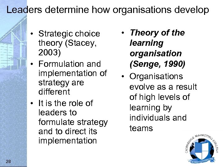 Leaders determine how organisations develop • Strategic choice theory (Stacey, 2003) • Formulation and