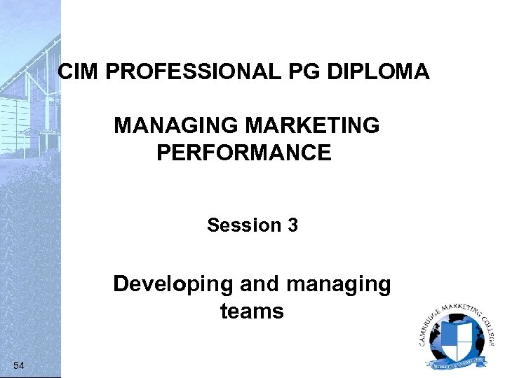 CIM PROFESSIONAL PG DIPLOMA MANAGING MARKETING PERFORMANCE Session 3 Developing and managing teams 54