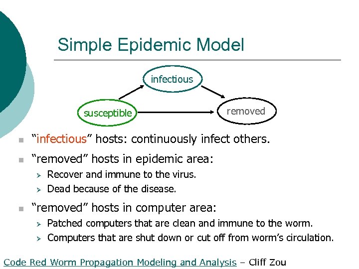 Simple Epidemic Model infectious susceptible removed n “infectious” hosts: continuously infect others. n “removed”