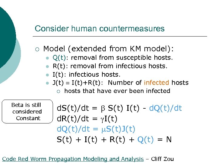 Consider human countermeasures ¡ Model (extended from KM model): l l Beta is still