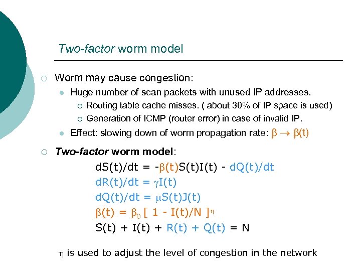 Two-factor worm model ¡ Worm may cause congestion: l Huge number of scan packets
