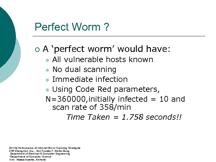 Perfect Worm ? ¡ A ‘perfect worm’ would have: All vulnerable hosts known l