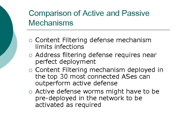 Comparison of Active and Passive Mechanisms ¡ ¡ Content Filtering defense mechanism limits infections