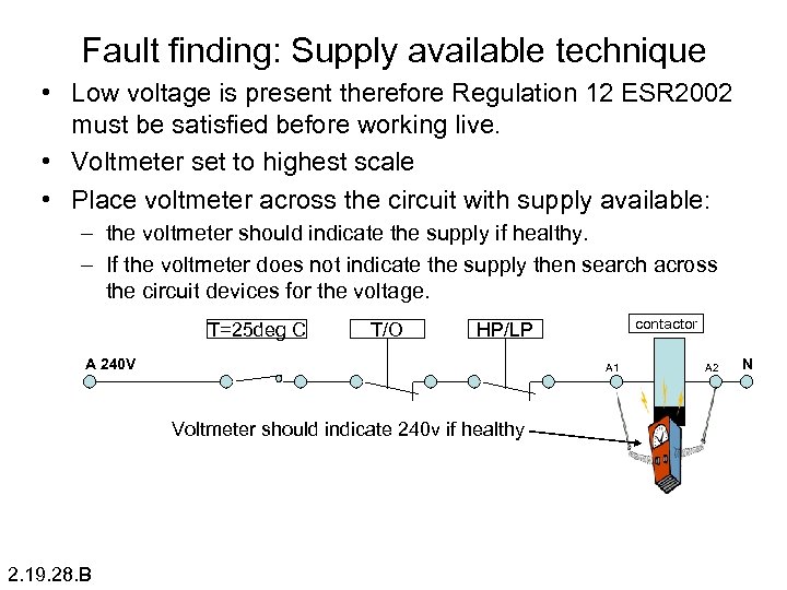 Fault finding: Supply available technique • Low voltage is present therefore Regulation 12 ESR