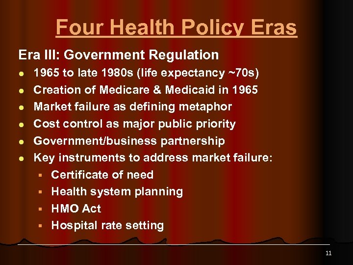Four Health Policy Eras Era III: Government Regulation l l l 1965 to late