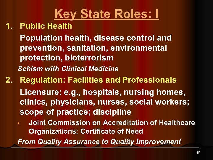 Key State Roles: I 1. Public Health Population health, disease control and prevention, sanitation,