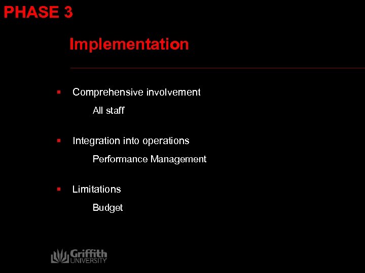 PHASE 3 Implementation § Comprehensive involvement All staff § Integration into operations Performance Management
