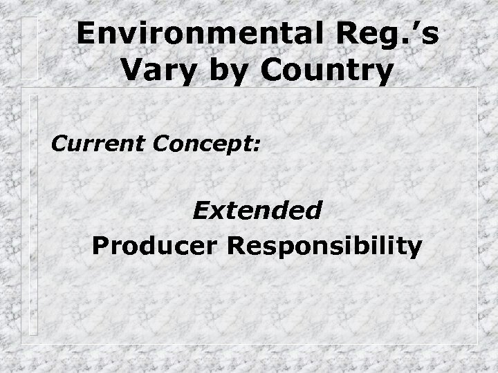 Environmental Reg. ’s Vary by Country Current Concept: Extended Producer Responsibility 