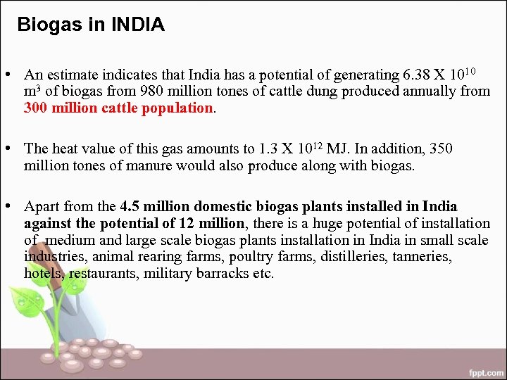 Biogas in INDIA • An estimate indicates that India has a potential of generating