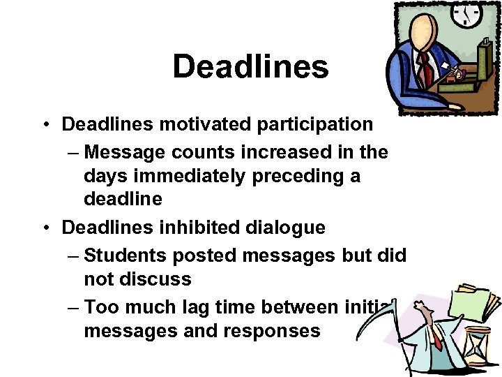 Deadlines • Deadlines motivated participation – Message counts increased in the days immediately preceding