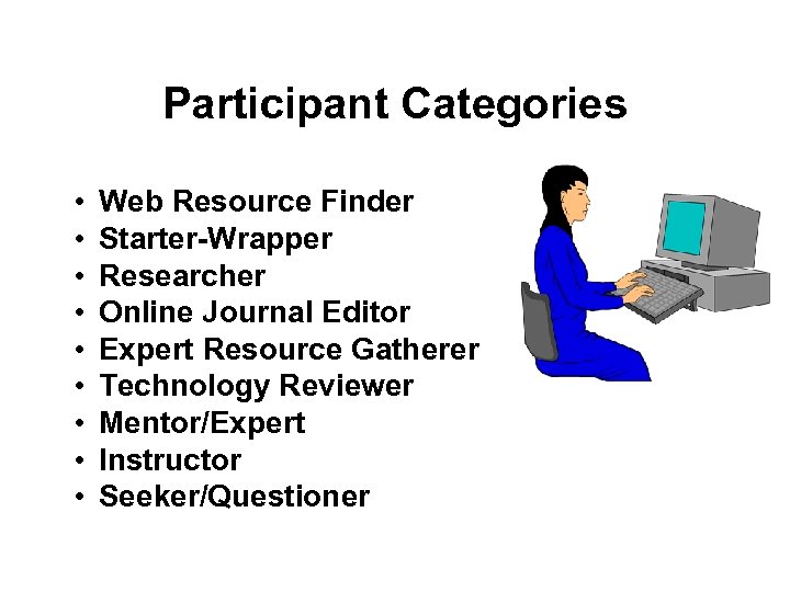 Participant Categories • • • Web Resource Finder Starter-Wrapper Researcher Online Journal Editor Expert