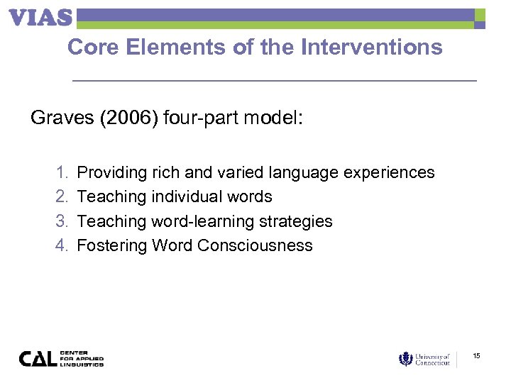 Core Elements of the Interventions Graves (2006) four-part model: 1. 2. 3. 4. Providing