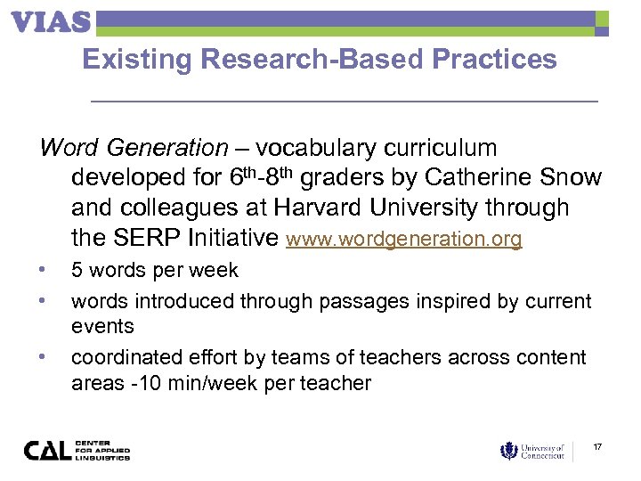 Existing Research-Based Practices Word Generation – vocabulary curriculum developed for 6 th-8 th graders