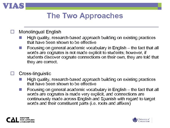 The Two Approaches o Monolingual English n n High quality, research-based approach building on