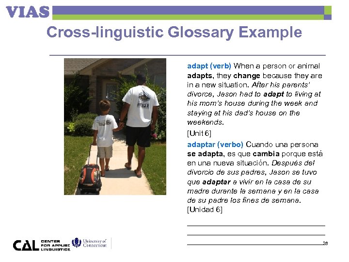 Cross-linguistic Glossary Example adapt (verb) When a person or animal adapts, they change because