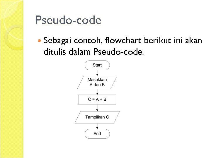 Pseudo-code Sebagai contoh, flowchart berikut ini akan ditulis dalam Pseudo-code. 
