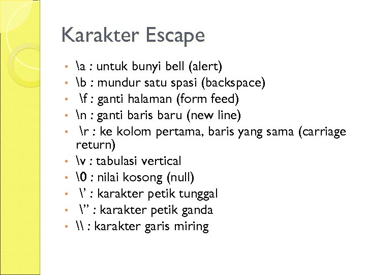 Karakter Escape • • • a : untuk bunyi bell (alert) b : mundur