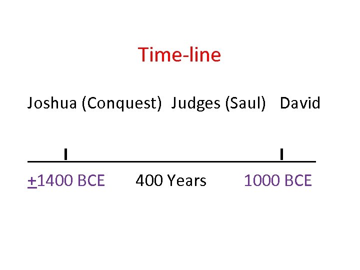 Time-line Joshua (Conquest) Judges (Saul) David I +1400 BCE 400 Years I 1000 BCE