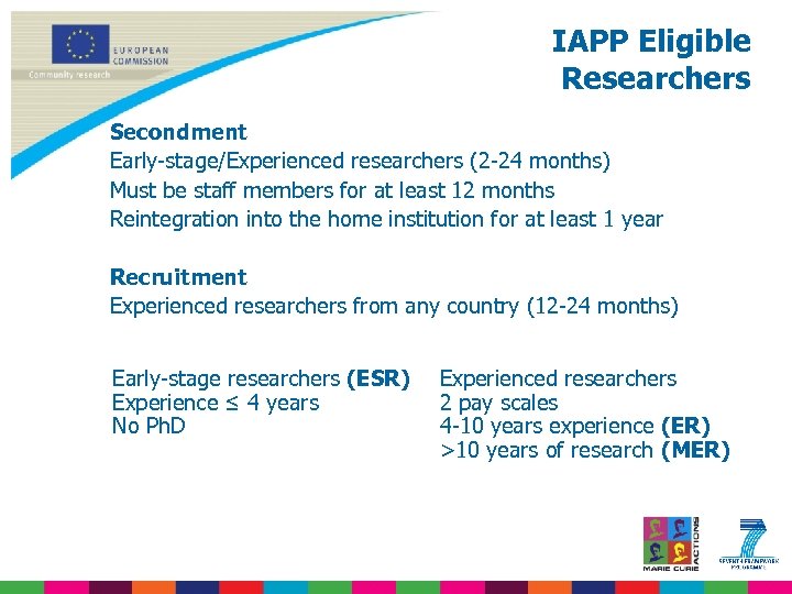 IAPP Eligible Researchers Secondment Early-stage/Experienced researchers (2 -24 months) Must be staff members for