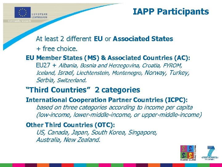 IAPP Participants At least 2 different EU or Associated States + free choice. EU