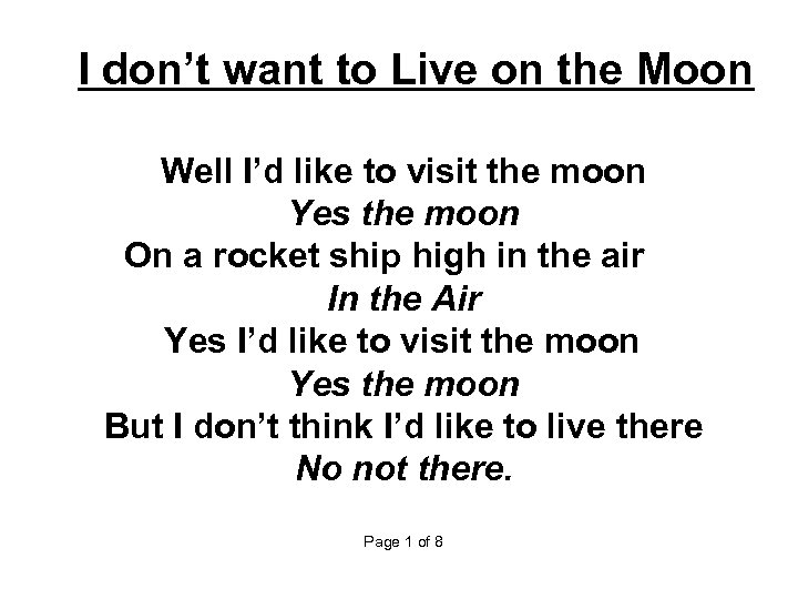  I don’t want to Live on the Moon Well I’d like to visit