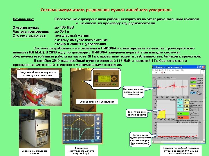 Система импульсного разделения пучков линейного ускорителя Назначение: Обеспечение одновременной работы ускорителя на экспериментальный комплекс