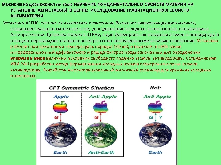 Важнейшие достижения по теме ИЗУЧЕНИЕ ФУНДАМЕНТАЛЬНЫХ СВОЙСТВ МАТЕРИИ НА УСТАНОВКЕ АЕГИС (AEGIS) В ЦЕРНЕ: