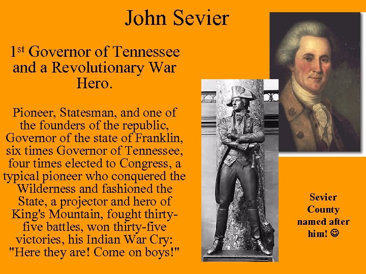 John Sevier 1 st Governor of Tennessee and a Revolutionary War Hero. Pioneer, Statesman,