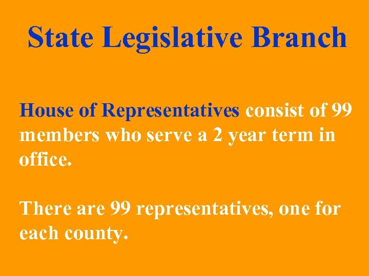 State Legislative Branch House of Representatives consist of 99 members who serve a 2
