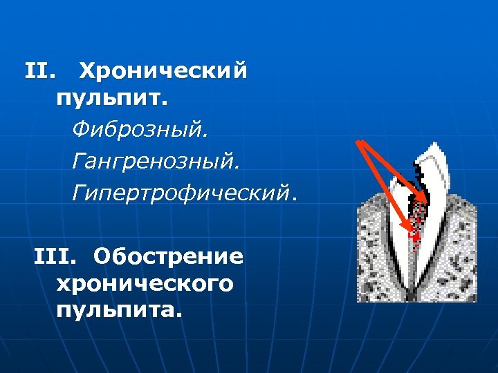 II. Хронический пульпит. Фиброзный. Гангренозный. Гипертрофический. III. Обострение хронического пульпита. 