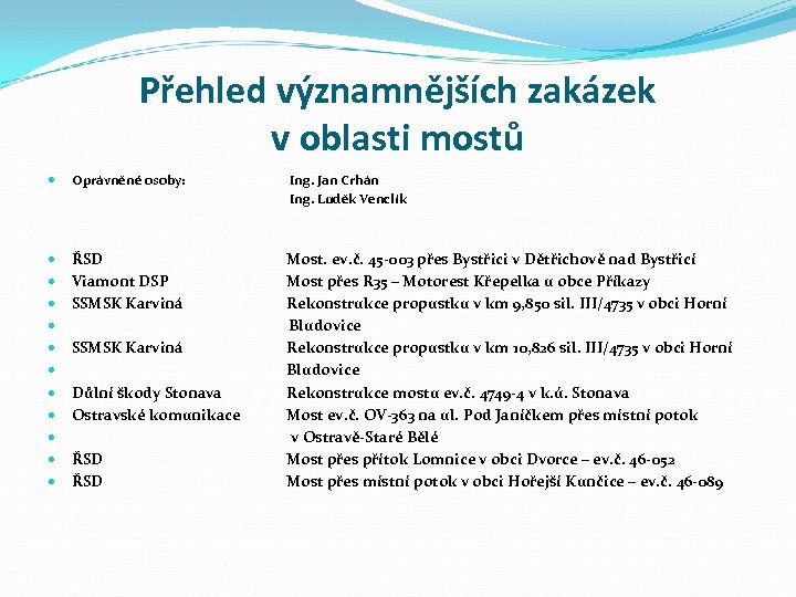 Přehled významnějších zakázek v oblasti mostů Oprávněné osoby: Ing. Jan Crhán Ing. Luděk Venclík