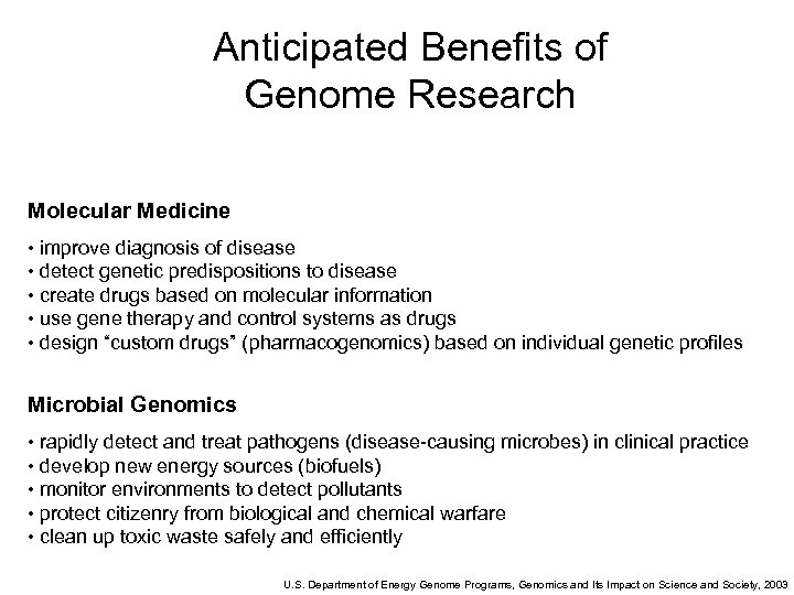 Anticipated Benefits of Genome Research Molecular Medicine • improve diagnosis of disease • detect