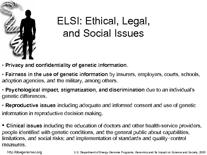 ELSI: Ethical, Legal, and Social Issues • Privacy and confidentiality of genetic information. •