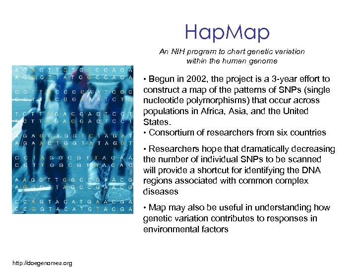 Hap. Map An NIH program to chart genetic variation within the human genome •