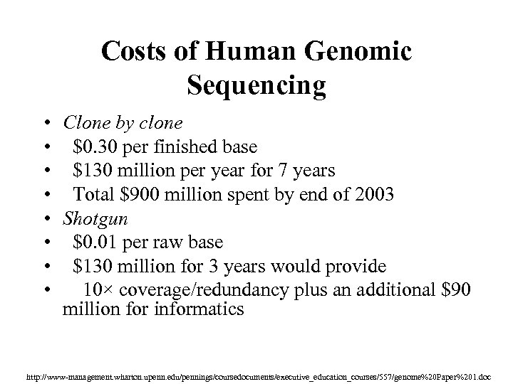 Costs of Human Genomic Sequencing • Clone by clone • $0. 30 per finished