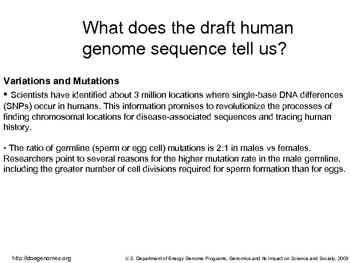 What does the draft human genome sequence tell us? Variations and Mutations • Scientists