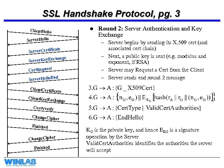 SSL Handshake Protocol, pg. 3 l Client. Hello Server. Hello ate Server. Certific hange